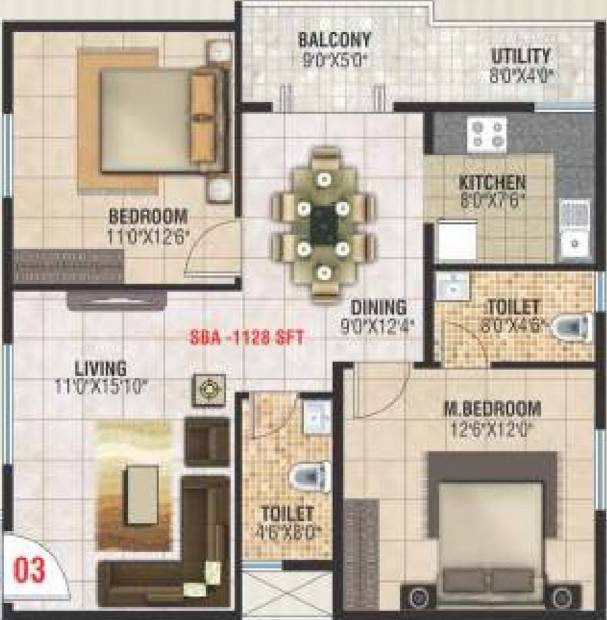 Jai Galaxy (2BHK+2T (1,128 sq ft) 1128 sq ft)