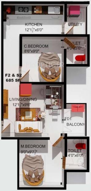The Nest Ippo (2BHK+2T (685 sq ft) 685 sq ft)