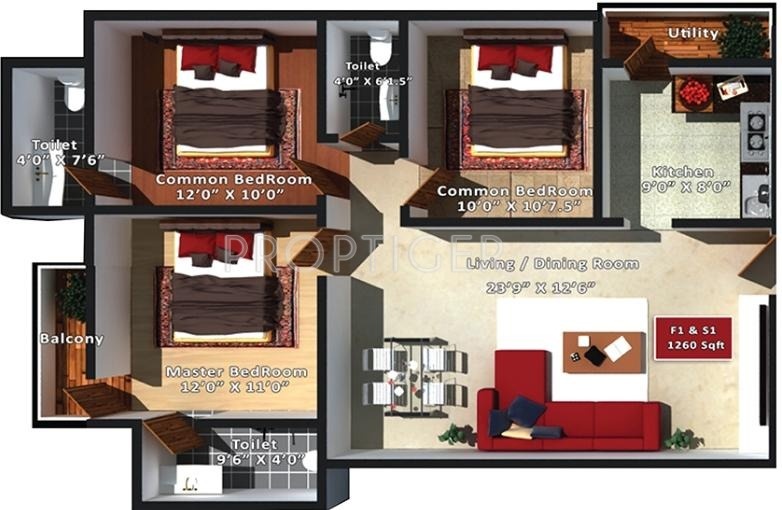 The Nest Aurora (3BHK+3T (1,260 sq ft) 1260 sq ft)