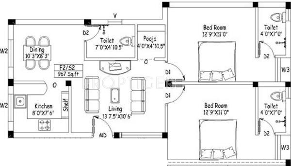 Amudha Sakthi (2BHK+3T (967 sq ft)   Pooja Room 967 sq ft)