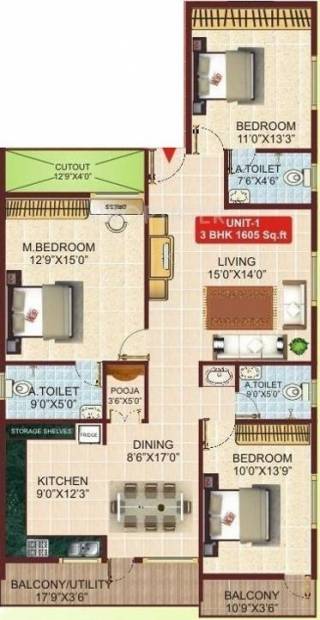 i1 Krishna (3BHK+3T (1,605 sq ft) 1605 sq ft)