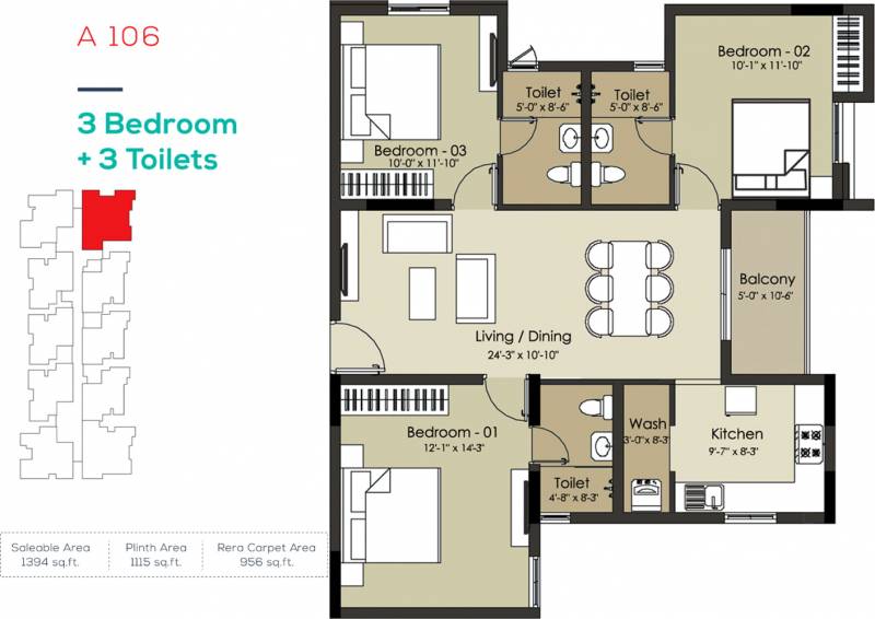 Altis Ashraya (3BHK+3T (1,394 sq ft) 1394 sq ft)