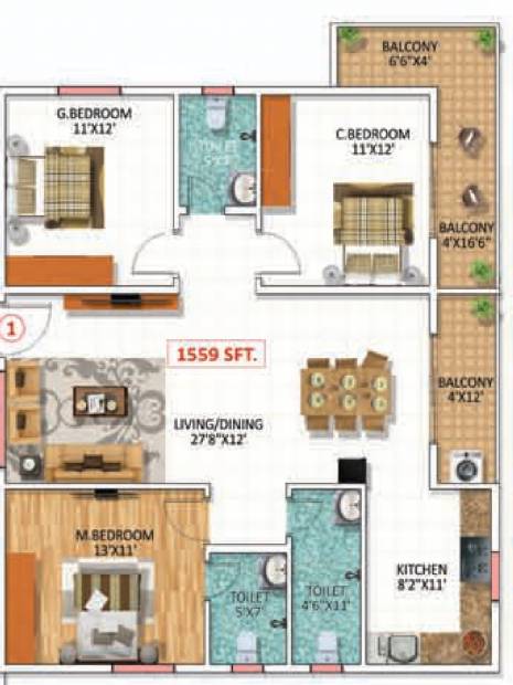 Swathi Builders And Properties SWATHI MAGNOLIA (3BHK+3T (1,559 sq ft) 1559 sq ft)