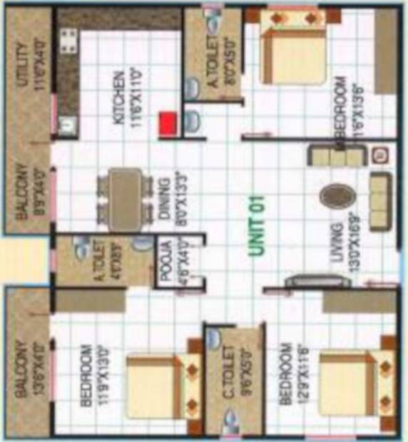 Surya Spaces (3BHK+3T (1,630 sq ft) 1630 sq ft)