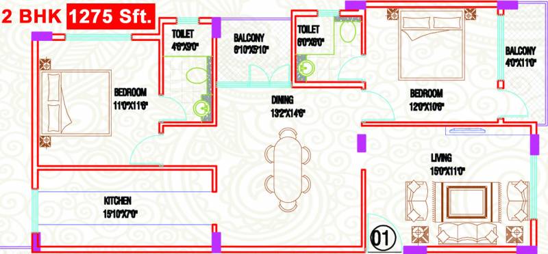 SSVR Iris (2BHK+2T (1,275 sq ft) 1275 sq ft)